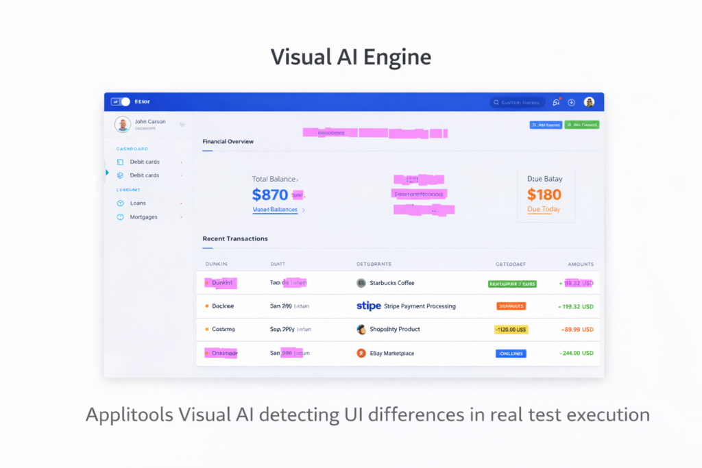 Applitools visual AI detecting UI differences and layout bugs in dashboard