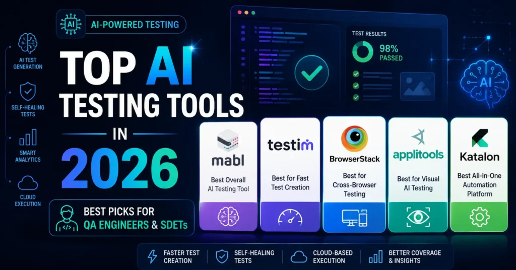 Comparison of top AI testing tools for QA engineers including Mabl, Testim, BrowserStack, Applitools, and Katalon in 2026