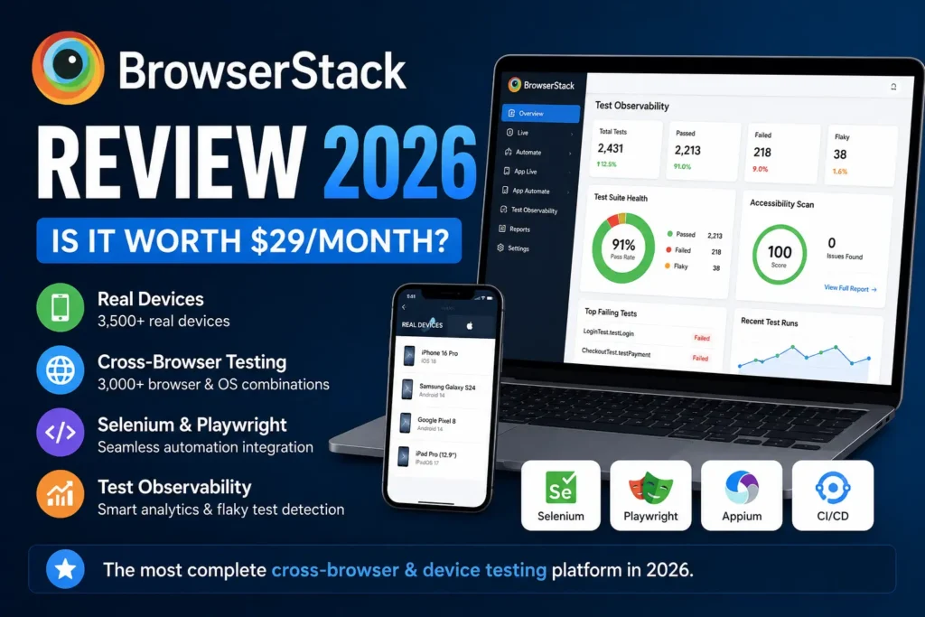 BrowserStack Review 2026 dashboard showing real device testing, Selenium and Playwright integration, Test Observability, and cross-browser testing features.