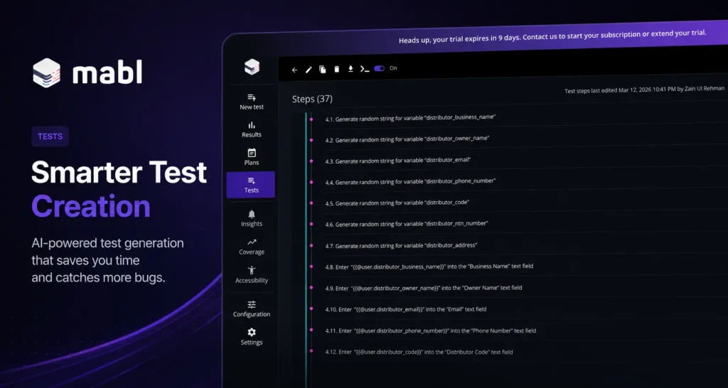 Mabl AI-powered test automation dashboard showing a 37-step automated QA test workflow with low-code test creation, auto-healing automation, and detailed test management interface.