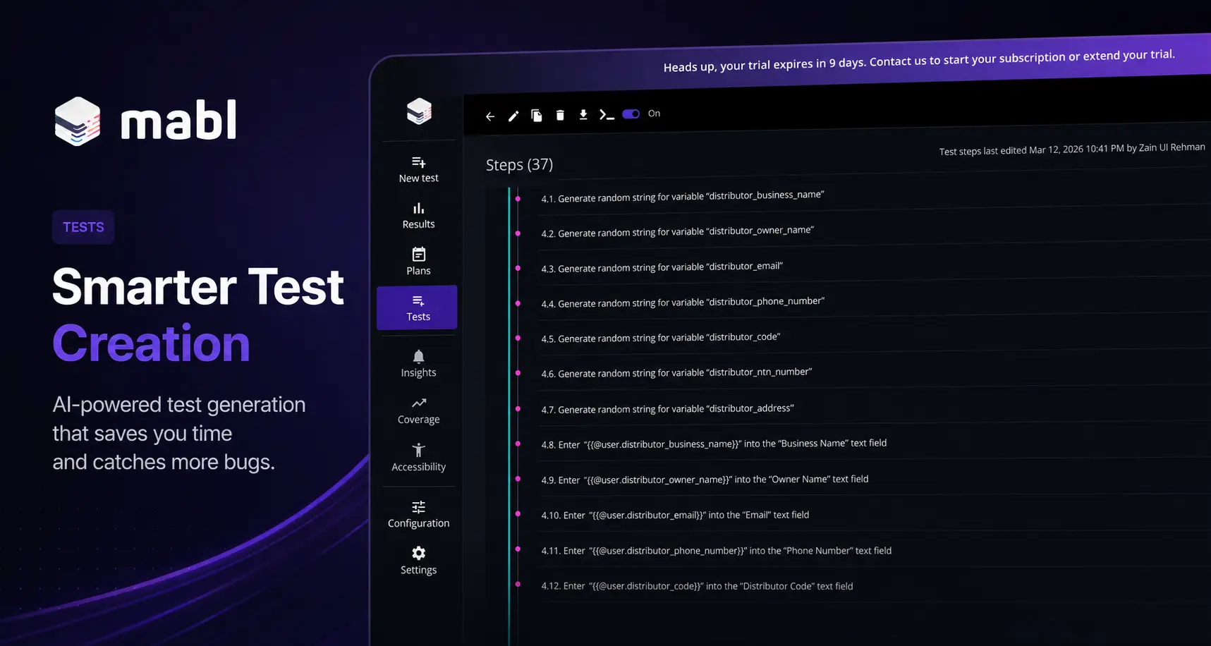 Mabl AI-powered test automation dashboard showing a 37-step automated QA test workflow with low-code test creation, auto-healing automation, and detailed test management interface.