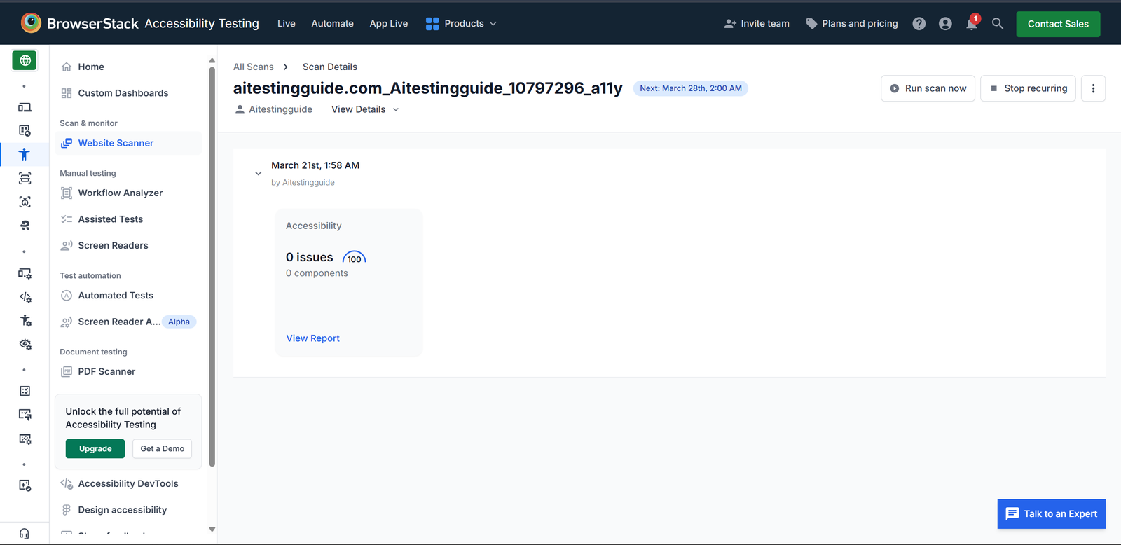BrowserStack accessibility testing dashboard showing 0 issues and 100 score in website scanner report