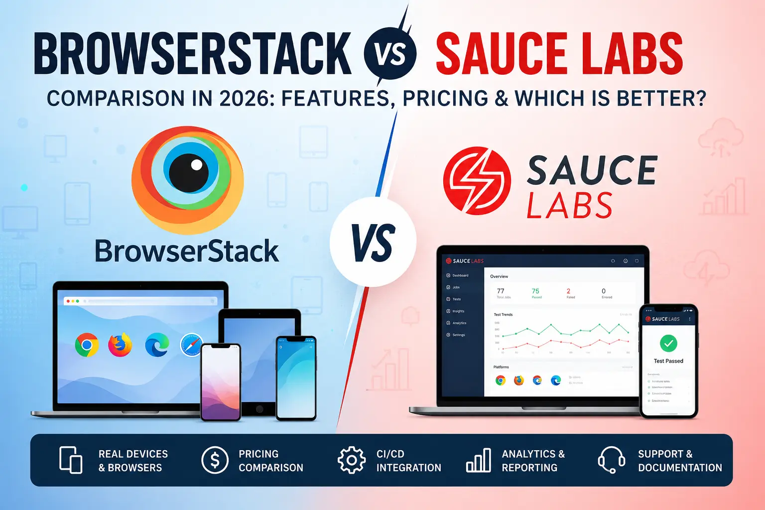 BrowserStack vs Sauce Labs comparison featured image showing cloud testing platforms, real devices, pricing, CI/CD integration, analytics, and support features in 2026.