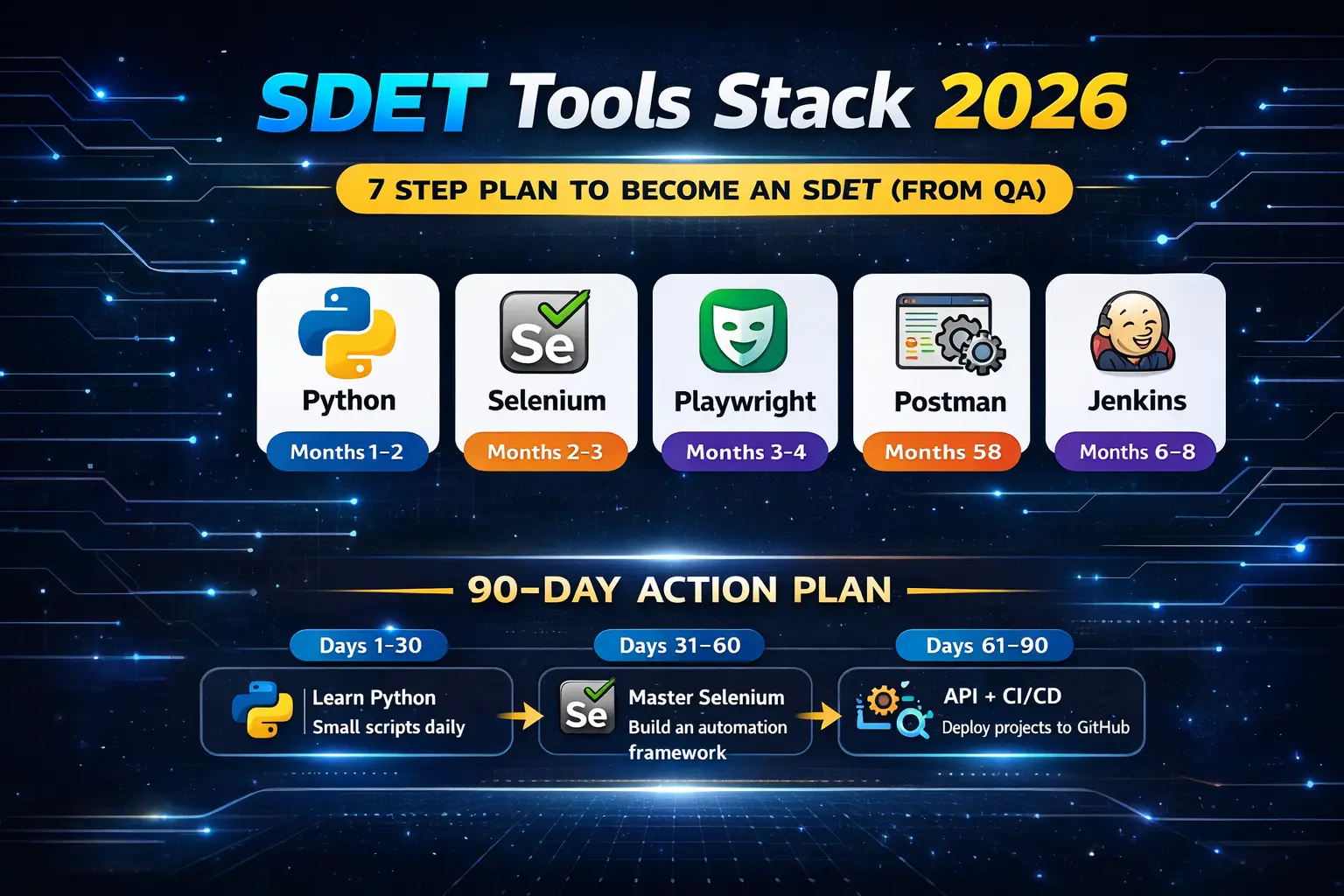 SDET tools stack including Python Selenium Playwright Postman Jenkins and CI CD workflow