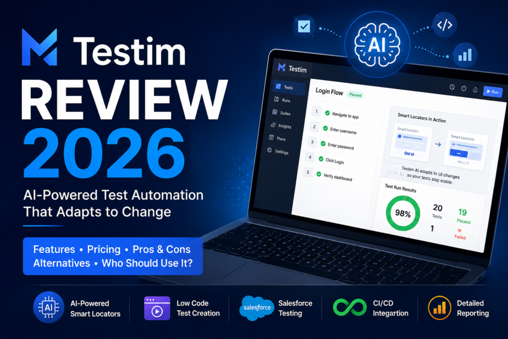 Testim Review 2026 featured image showing AI-powered test automation dashboard with smart locators, Salesforce testing, CI/CD integration, and low-code testing features.