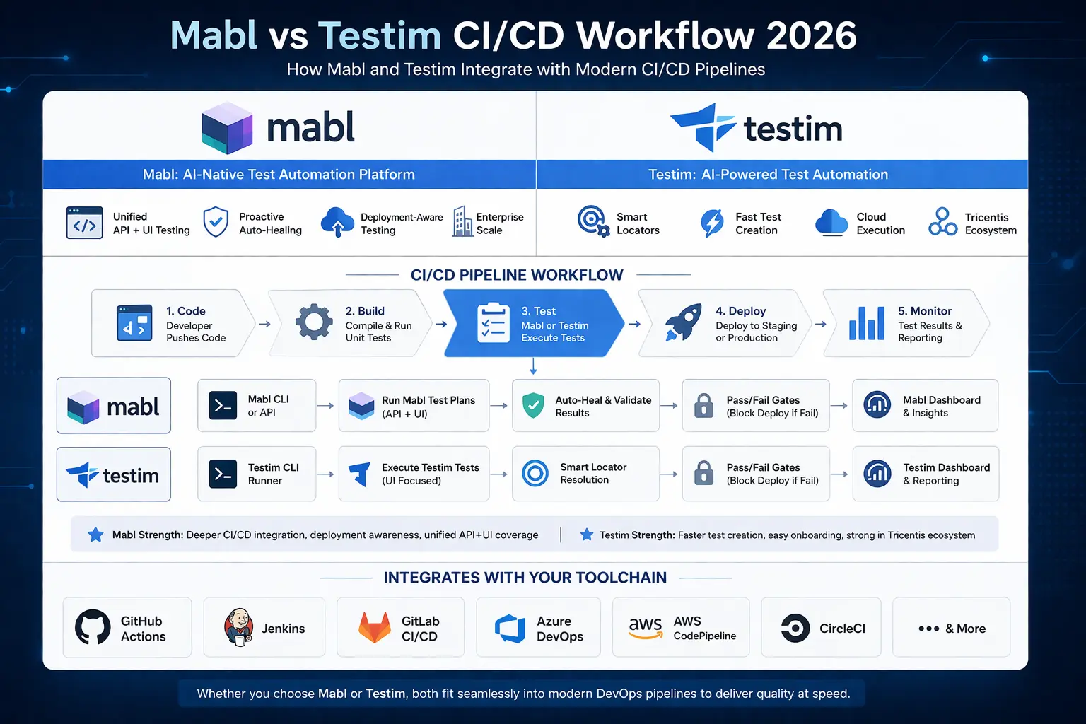Mabl vs Testim CI/CD integration workflow for QA engineers and SDETs