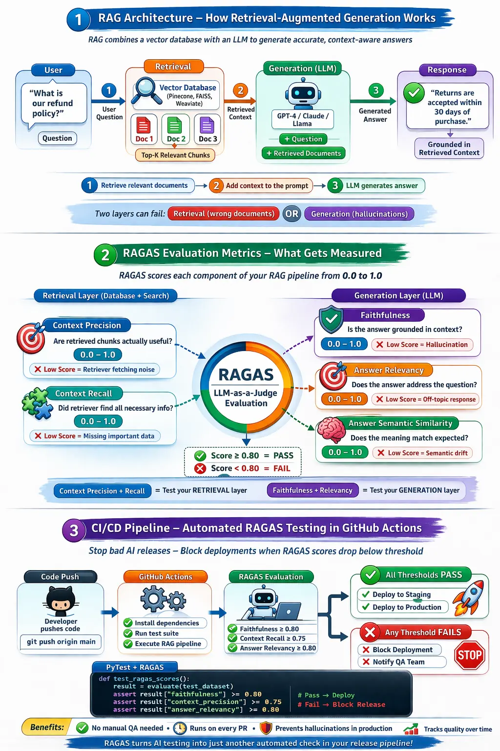 RAG pipeline architecture and RAGAS evaluation metrics diagram showing retrieval generation and CI CD testing flow