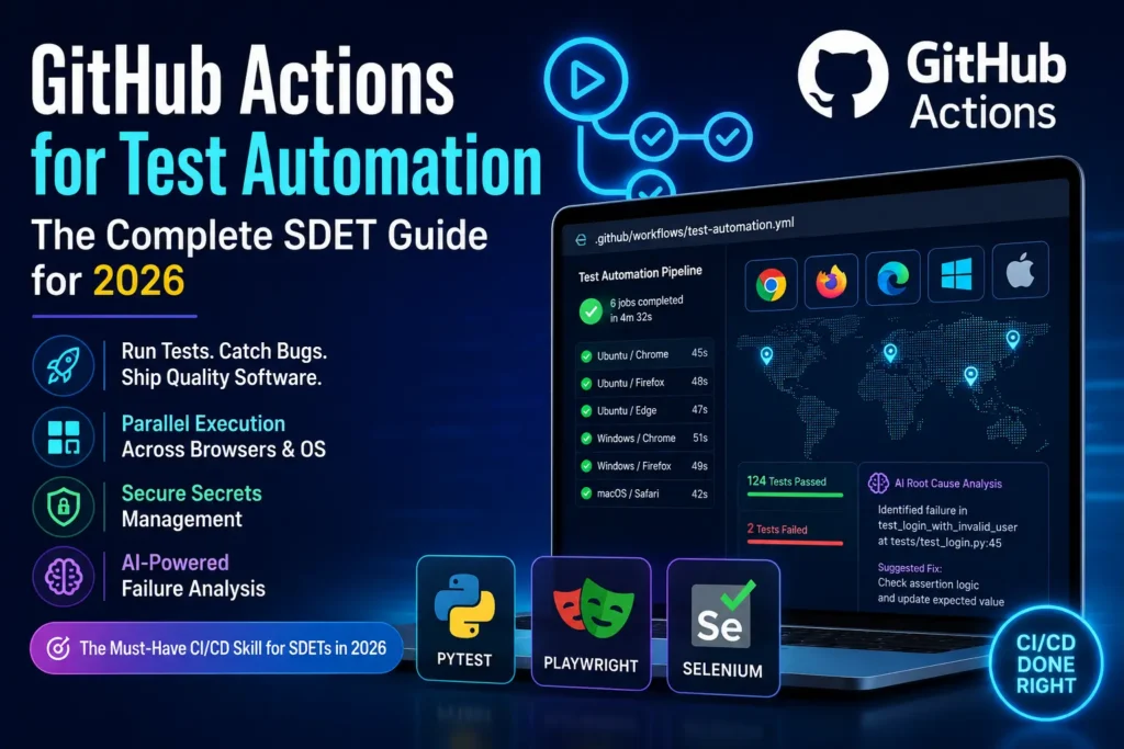 GitHub Actions for Test Automation 2026 workflow dashboard showing CI/CD pipelines, Playwright, Selenium, Pytest integration, parallel testing, and AI-powered failure analysis