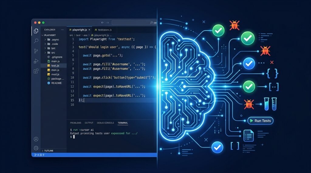 Cursor AI for test automation 2026 guide showing code editor with Playwright tests and AI neural network for QA engineers