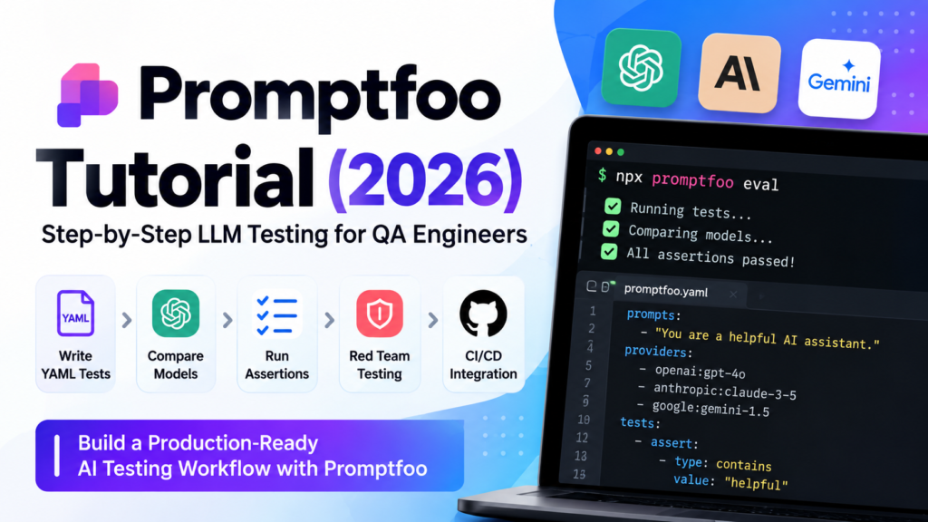 Promptfoo tutorial featured image showing step-by-step LLM testing for QA engineers, including YAML tests, model comparison, assertions, red teaming, and CI/CD integration.