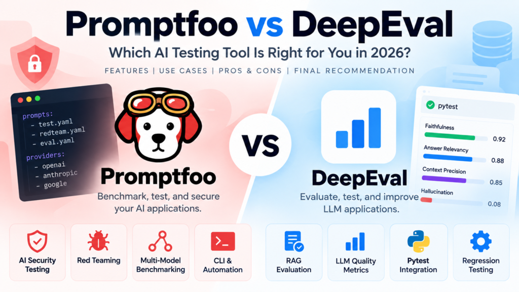 Featured image comparing Promptfoo and DeepEval, highlighting AI security testing, red teaming, multi-model benchmarking, RAG evaluation, Pytest integration, and LLM quality testing to help choose the right AI testing framework.